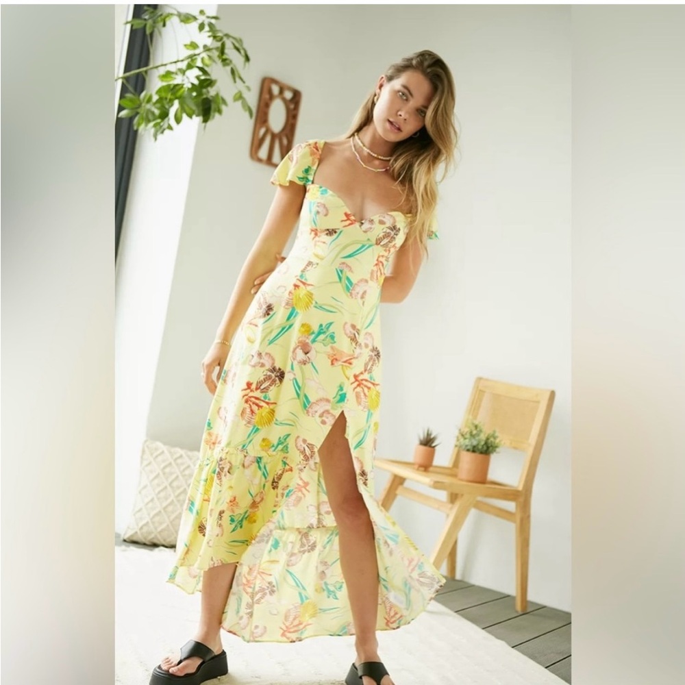 Urban Outfitters Yellow Floral Maxi Dress with High Slit